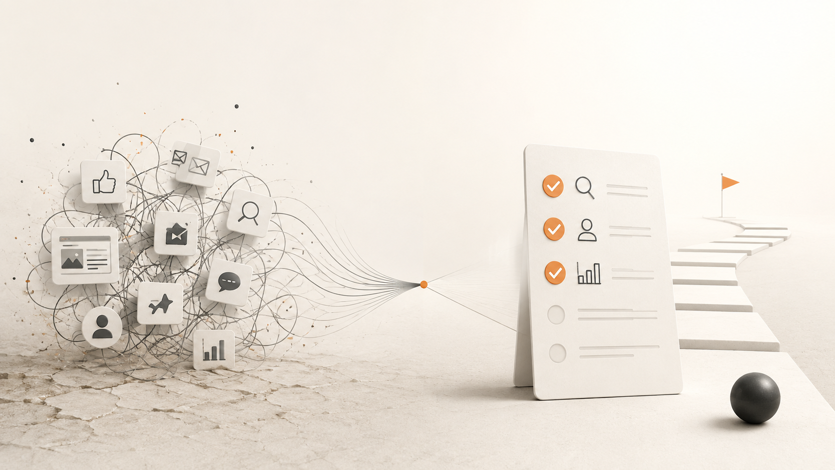 A conceptual illustration of scattered marketing channels and tasks being organised into a clear checklist, with a stepped path leading toward an orange goal flag.